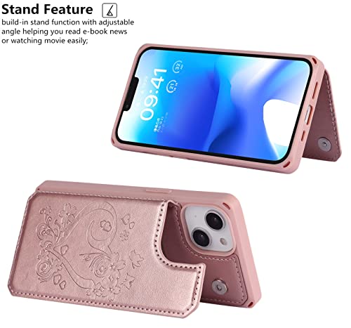 iCoverCase Compatible with iPhone 14 Wallet Phone Case with Card Holder for Women, RFID Blocking Embossed PU Leather Wrist Strap Case 6.1 Inch (Heart Rose Gold) - color: H-Rose Gold