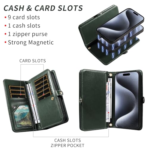 Asuwish Phone Case for iPhone 15 Pro 6.1 inch Zipper Wallet Detachable Cell Cover with Tempered Glass Screen Protector Wrist Strap Mandala Flower Card Holder i Phone15 i15 15Pro Women Men Dark Green - color: Dark Green