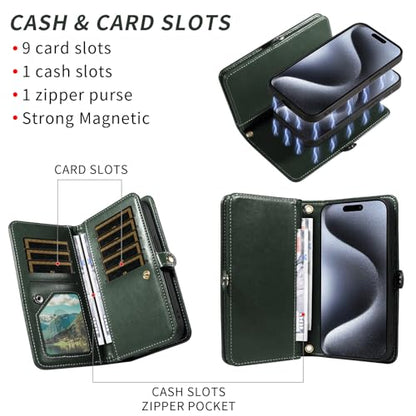 Asuwish Phone Case for iPhone 15 Pro 6.1 inch Zipper Wallet Detachable Cell Cover with Tempered Glass Screen Protector Wrist Strap Mandala Flower Card Holder i Phone15 i15 15Pro Women Men Dark Green - color: Dark Green