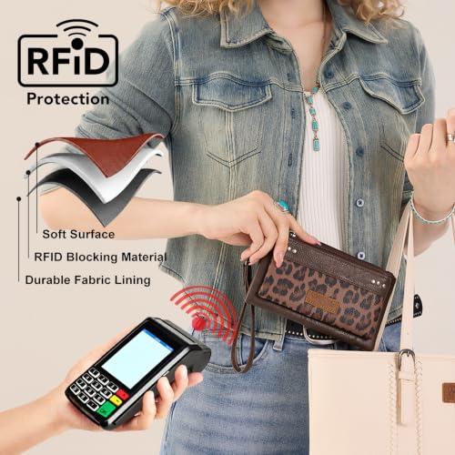 Montana West X Wrangler Western Women's Wallets Large Minimalist Phone Wallet for Ladies Female Double Zipper Cash Wallet with Rfid Lining - color: Coffee