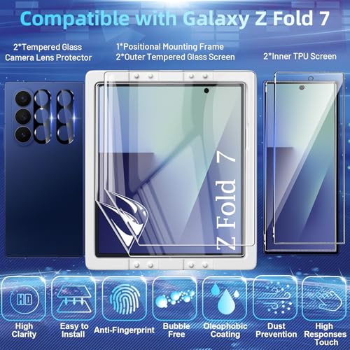 [2Set 6PCS] Screen Protector Compatible with Galaxy Z Fold 7 5G - 2 Inner TPU Film + 2 Outer Tempered Glass + 2 Camera Lens Protectors with Positional Mouting Frame, Bubble Free
