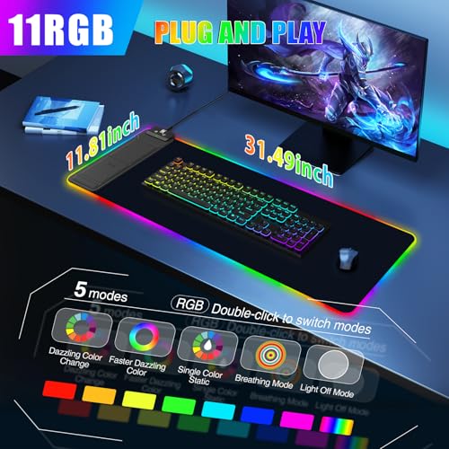 Mouse Pad with Foldable Phone Holder & Wireless Charger, XL RGB Gaming Mousepad 31.5"x11.8" Large Desk Mat for Keyboard, Home Desk Pad with Dual Qi Charging Station | 11 Colors & 5 Modes | Waterproof - color: 31.5x11.81"Phone Stand-Black w/PD Charger