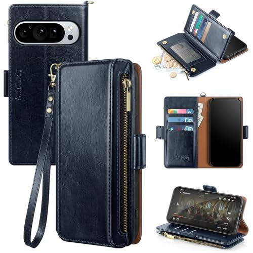 Antsturdy Compatible with Google Pixel 9 5G Wallet Case with Card Holder Women Men,Pixel 9 Pro Phone Case PU Leather Flip Protective Cover Wrist Strap Zipper Credit Card Slots RFID Blocking,Dark Blue - color: Dark Blue