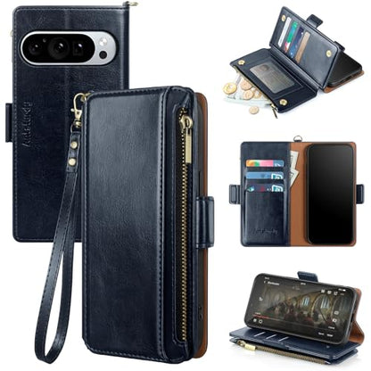 Antsturdy Compatible with Google Pixel 9 5G Wallet Case with Card Holder Women Men,Pixel 9 Pro Phone Case PU Leather Flip Protective Cover Wrist Strap Zipper Credit Card Slots RFID Blocking,Dark Blue - color: Dark Blue