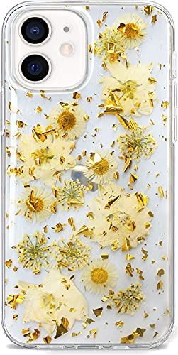 Abbery for iPhone 12/12 Pro Case Clear with Pressed Flower Design Cute Sparkle Soft TPU Transparent Dried Real White Floral Aesthetic Women Girl's Phone Cover (Gold Daisy) - color: Gold Daisy, size: for iPhone 12/12 Pro
