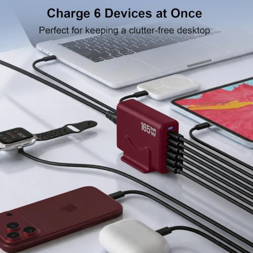 165W Charging Station, 6 Port Desktop Charger, 3 Ports 40W Red - color: Wine Red