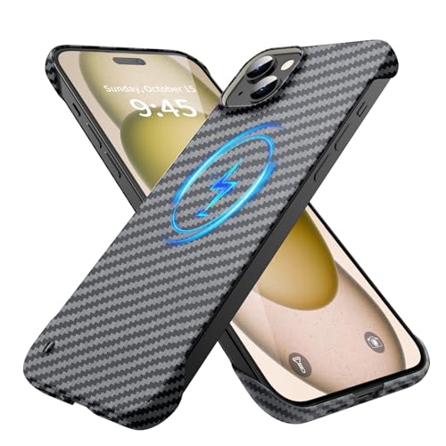 GRECAZO Magnetic Case for iPhone 15, Compatible with MagSafe, Black | Carbon Fiber Style Texture, Frameless Frosted Soft-Touch Hard PC Cover, Ultra Thin Slim Fit Lightweight Minimalist, 6.1 Inch - size: iPhone 15