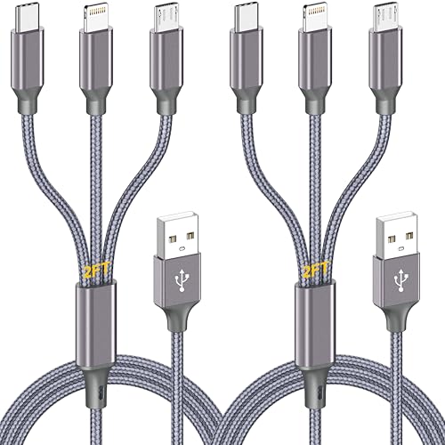 Short Multi Charging Cable 2ft 2Pack,3 in 1 USB Multiple MFi Charger cord - color: Grey-2ft