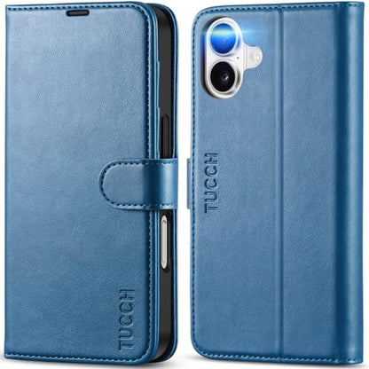 TUCCH Wallet Case for iPhone 16 (6.1") 2024, Flip Stand, Light Blue | RFID Blocking, 4 Card Holders, Kickstand, PU Leather, Shockproof TPU Shell, Magnetic Closure, Protective Folio Cover - color: Light Blue