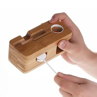 Bamboo Wood Desktop Charging Dock Station Charger Holder Cradle Charge Stand Compatible with iPhone 16 15 14 13 12 11 Pro Max XR XS Max X 8 Plus iWatch 2 3 4 Samsung LG HTC Smartphones - color: 2 in 1 Charger Stand