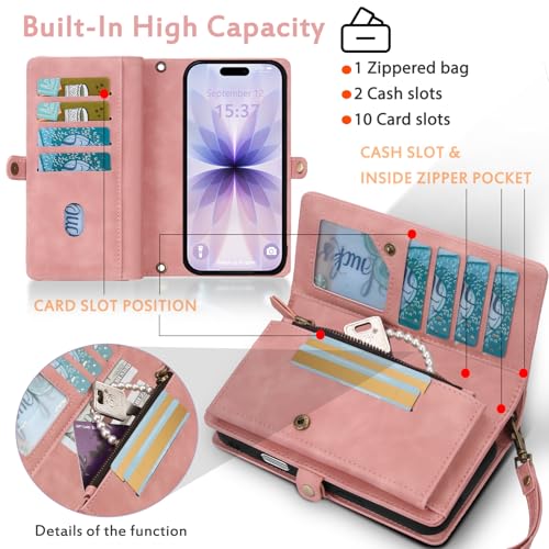 for Wallet Case Compatible with iPhone 17,Multi-Function Detachable 2 in 1 Magnetic iPhone 17 Case Wallet,Flip Strap Zipper Card Holder Phone Case with Shoulder Straps (Pink) - color: Pink, size: iPhone 17