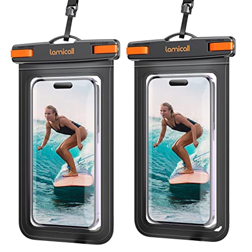 Lamicall Large Size Waterproof Phone Pouch Case - [ Big Case Friendly ] for Galaxy S25 Ultra, S22 23 S24 Ultra with Case, for iPhone 17 16 15 14 13 Pro Max, Swimming Equipment Bags for 7.5" - color: Black & Orange