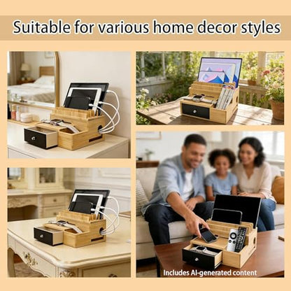 Bamboo Charging Station Organizer with Drawer and Pen Holder