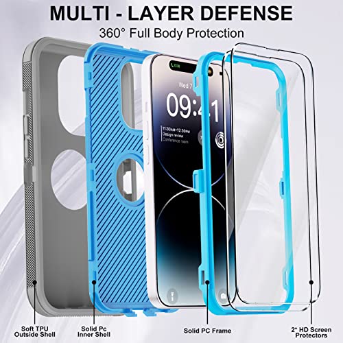 for iPhone 14 Pro Max Case with 2 Screen Protector,Full Body Shockproof Drop Protection Dust Proof Heavy Duty 3-Layer Military Rugged Durable Cover for Apple iPhone 14 Pro Max 6.7"(Gray/Blue) - color: Gray/Blue