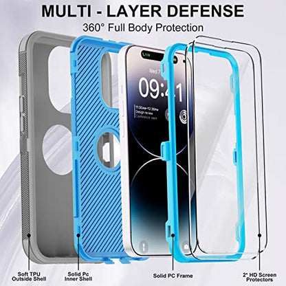 for iPhone 14 Pro Max Case with 2 Screen Protector,Full Body Shockproof Drop Protection Dust Proof Heavy Duty 3-Layer Military Rugged Durable Cover for Apple iPhone 14 Pro Max 6.7"(Gray/Blue) - color: Gray/Blue