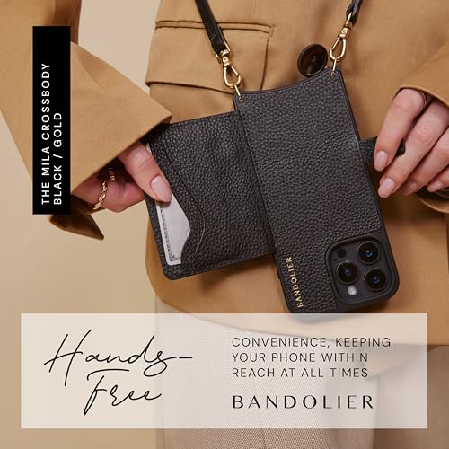 Bandolier Mila Leather Crossbody MagSafe Phone Case iPhone 16 Pro- Black/G | Crossbody leather phone case. Built-in card-holder. Adjustable & removable strap. MagSafe Design. Phone drop protection. - color: Black/Gold, size: iPhone 16 Pro