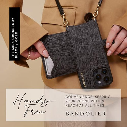 Bandolier Mila Leather Crossbody MagSafe Phone Case iPhone 16 Pro- Black/G | Crossbody leather phone case. Built-in card-holder. Adjustable & removable strap. MagSafe Design. Phone drop protection. - color: Black/Gold, size: iPhone 16 Pro