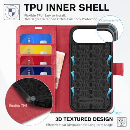 TUCCH Wallet Case for iPhone Air (6.5") 2025, 4 Card Slots, Red | RFID Blocking, Viewing Stand, Shockproof TPU Shell, PU Leather, Magnetic Closure, Protective Folio Flip Cover - color: Red