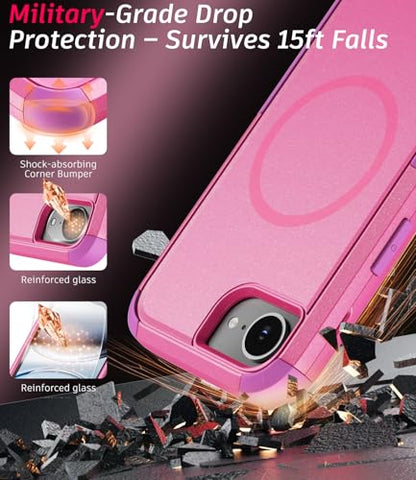 Heavy Duty Case for iPhone 17e & iPhone 16e - Military Grade Drop Proof Protective Cover [Compatible with MagSafe],with Screen Protector, Shockproof, Anti-Slip (Pink) - color: Pink