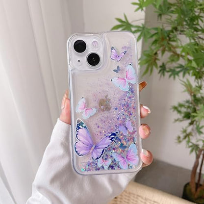 Compatible with iPhone 13 Glitter Butterfly Case Glow in The Dark Women Girls Girly Bling Sparkle Flowing Quicksand Light up Case Soft TPU Bumper Luminous Clear Phone Cover, Purple - color: Purple, size: iPhone 13