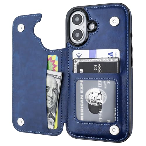 ONETOP for iPhone 16 Wallet Case with Credit Card Holder,Blue | Kickstand,ID/Cash Holder,Case Wallet with Card Slots,Double Magnetic Clasp,Durable PU Leather Shockproof Cover for Women Men - color: Blue