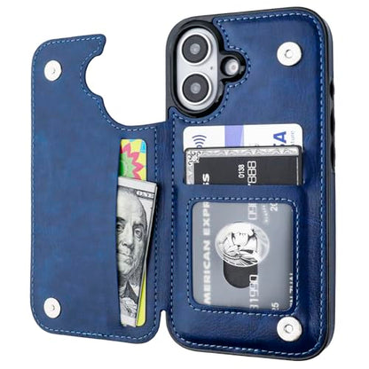 ONETOP for iPhone 16 Wallet Case with Credit Card Holder,Blue | Kickstand,ID/Cash Holder,Case Wallet with Card Slots,Double Magnetic Clasp,Durable PU Leather Shockproof Cover for Women Men - color: Blue