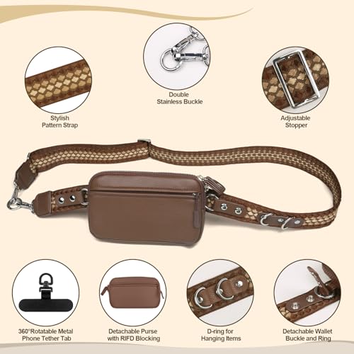 YFWE Clip and Go Phone Strap with Crossbody Wallet, Adjustable Phone Lanyard with Detachable RFID Wristlet Wallet, Anti-Theft Leather Purse with ID Window for Travel Essentials (Bronze) - color: Brown