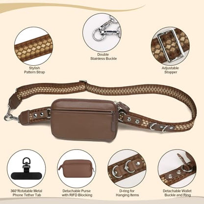 YFWE Clip and Go Phone Strap with Crossbody Wallet, Adjustable Phone Lanyard with Detachable RFID Wristlet Wallet, Anti-Theft Leather Purse with ID Window for Travel Essentials (Bronze) - color: Brown