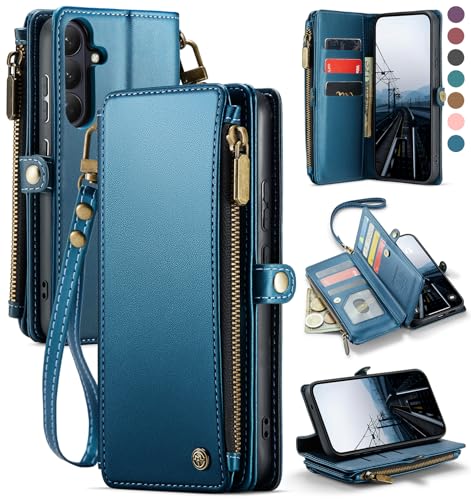 Defencase for Samsung Galaxy S26 Wallet Case with RFID Card Holder, Blue | Durable Soft PU Leather, with Zipper Pocket, Wrist Strap, Fashion Snap Flip S26 Phone Cases Cover with Stand for Women Men - color: Dark Blue