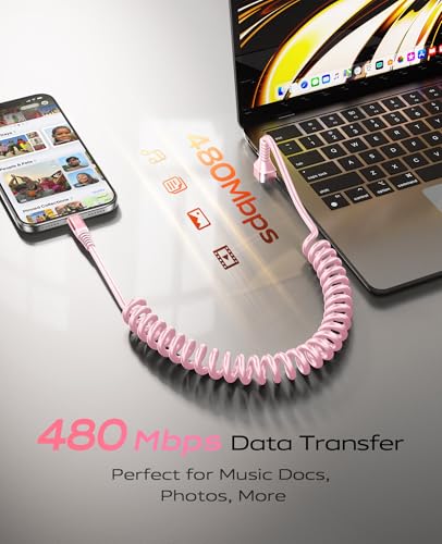 90 Degree USB A to USB C Cable Coiled, 3FT USB C Cable 3A Fast Charging - color: Pink, size: 3FT