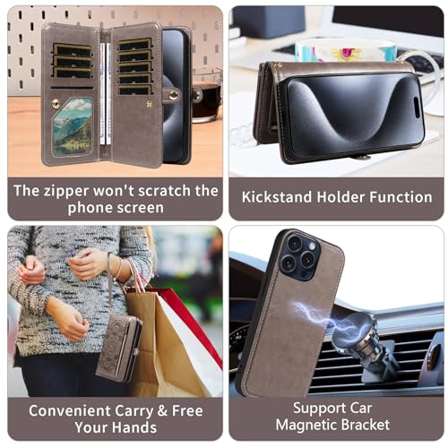 Asuwish Phone Case for iPhone 15 Pro 6.1 inch Zipper Wallet Magnetic Detachable Cell Cover with Tempered Glass Screen Protector Crossbody Strap Flower Credit Card Holder i Phone15 i15 15Pro Women Gray - color: Gray