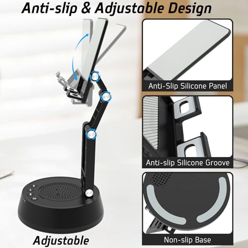 Cell Phone Stand with Wireless Bluetooth Speaker,Adjustable Height and Angle Phone Stand for Desk, HD Stereo Sound & Anti-Slip Base Phone Holder Speaker Compatible with iPhone,Gifts for Men Women