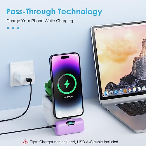 Mini Portable Charger USB C Power Bank,Upgraded 5000mAh PD Fast Charging Battery Pack Built-in USB-C Connector Travel Essential for iPhone17/17Pro/17Pro Max/Air/16 Plus/16Pro Max/15 Series,Android etc - color: Purple
