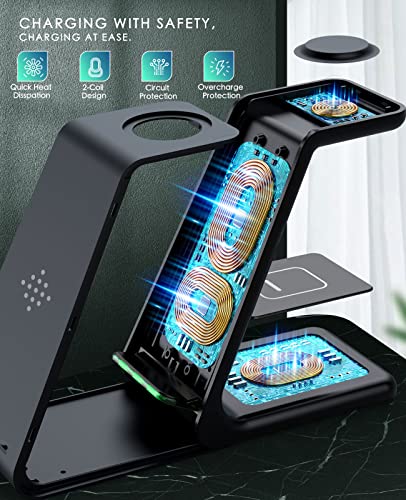 3 in 1 Wireless Charging Station,2026 Upgraded Fast Desk Charger Station for iPhone 17 16 15 14 13 12 Pro Max Plus,Charger Stand for Apple Watch 11 10 9 8 7 6 5 4 3 2 Ultra SE,Airpods 4 3 2 Pro(Black) - color: B-Black