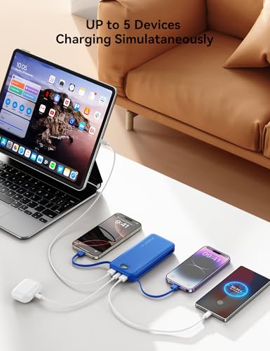 Portable Charger Power Bank 10000mAh with Built in Cables & Wall Plug - color: Steel Blue