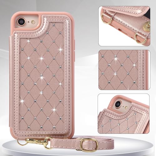 Crossbody Wallet Case for iPhone 7/8/SE 2020/SE 2022(4.7") with Detachable Strap - PU Leather Flip Folio with Card Slots & RFID Blocking, Sparkling Diamond Accents-Pink - color: Pink, size: iPhone 7/8/SE 2020/SE 2022(4.7")