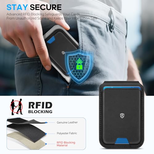 SHIELDON Genuine Leather Magnetic Wallet Stand for MagSafe, Nappa Black | Strong Magnetic, 6 Card Holder, Kickstand, Angle Adjustment, Rfid Blocking, Quick-access, for iPhone 17/16/15/14/13/12 Series - color: Black