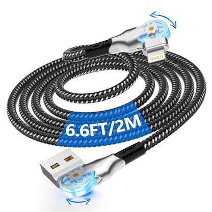 90 Degree Rotating iPhone Charger Cable with 180°Swivel Head, [MFi Certified] 6.6FT Right Angle Lightning Cord for Apple CarPlay, Fast Charging USB A to Lightning Cable for iPhone 14 13 12 11 X iPad