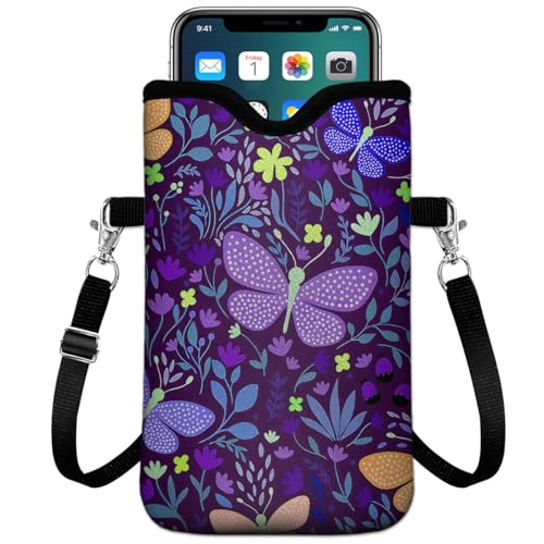 Universal Phone Sleeve Pouch with Crossbody Strap 7.6 X 4.3 Inches Shockproof Water Resistant Mobile Protection Bag-Purple Butterfly Neoprene Phone Pouch Bag - color: Purple Butterfly-Phone Pouch