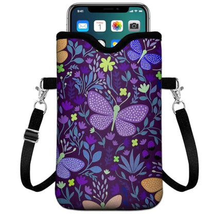 Universal Phone Sleeve Pouch with Crossbody Strap 7.6 X 4.3 Inches Shockproof Water Resistant Mobile Protection Bag-Purple Butterfly Neoprene Phone Pouch Bag - color: Purple Butterfly-Phone Pouch