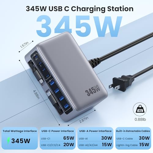 345W USB C Charger 10 in 1 Retractable Wall Charger with 2 Cables,GaN 6 USB C Charging Station Phone Charging PD Laptop Charger Adapter for MacBook Pro/Air,DELL,iPhone17/16/15,Galaxy S24,Android etc - color: Sliver, size: 345W