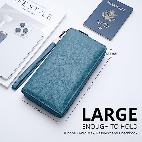 Bveyzi Women RFID Blocking Wallet Leather Zip Around Phone Clutch Large Capacity Ladies Travel Purse Wristlet - color: Lake Blue
