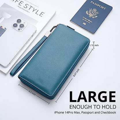 Bveyzi Women RFID Blocking Wallet Leather Zip Around Phone Clutch Large Capacity Ladies Travel Purse Wristlet - color: Lake Blue