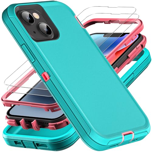 YKHJKLEC for iPhone 13 Case/iPhone 14 Case, Military Grade 3 in 1 Heavy Duty Shockproof/Drop Proof/Dust Proof Case with 2Pcs Tempered Glass Screen Protector (Aqua Blue/Pink) - color: Aqua Blue/Pink