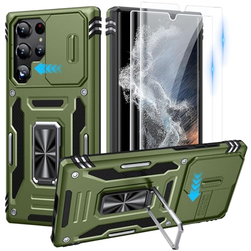 for Samsung Galaxy S22 Ultra Case with 2 PCS HD Screen Protector, Military Grade Protection Metal 360 ° Rotating Ring Kickstand Slide Camera Cover, Shockproof for Galaxy S22 Ultra Case, Olive Green | 2 PCS HD Screen Protector, Magnetic Metal 360 ° Rotatin