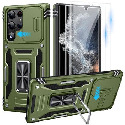 for Samsung Galaxy S22 Ultra Case with 2 PCS HD Screen Protector, Military Grade Protection Metal 360 ° Rotating Ring Kickstand Slide Camera Cover, Shockproof for Galaxy S22 Ultra Case, Olive Green | 2 PCS HD Screen Protector, Magnetic Metal 360 ° Rotatin