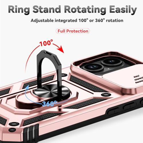 for iPhone 17 Case, with Slide Camera Cover HD Screen Protector [Military Grade 16ft. Drop Tested] Ring Holder Kickstand Protective Phone Case for Apple iPhone 17, Rose Gold - color: Rose Gold w/ Slide Camera 2nd gen. Military Grade