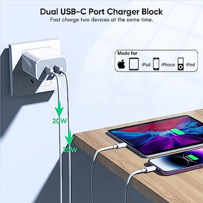 10FT iPhone Fast Charger,[Apple MFi Certified] 2Pack PD Dual Apple Fast Charger USBC Charge Block 10Foot Lightning Cable Cord Quick Charging for iPhone 14/Pro/Pro Max/Plus/13/12/11/XS/XR/X/SE2022/iPad