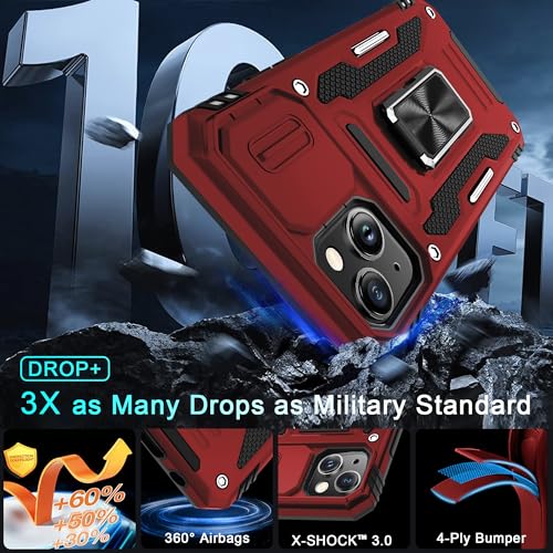 DEERLAMN Case for iPhone 15 with Slide Camera Cover + Screen Protector (2 Packs), Rotated Ring Kickstand Military Grade Shockproof Protective Cover-Red - color: Red