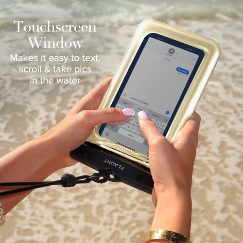 FLAUNT IP68 Waterproof Phone Pouch with Crossbody Lanyard - Gold Metallic | Large Stylish Touchscreen Floating Waterproof Phone Case - Fits All Phones and Cases - Beach Cruise Ship Travel Essentials - color: Gold Metallic